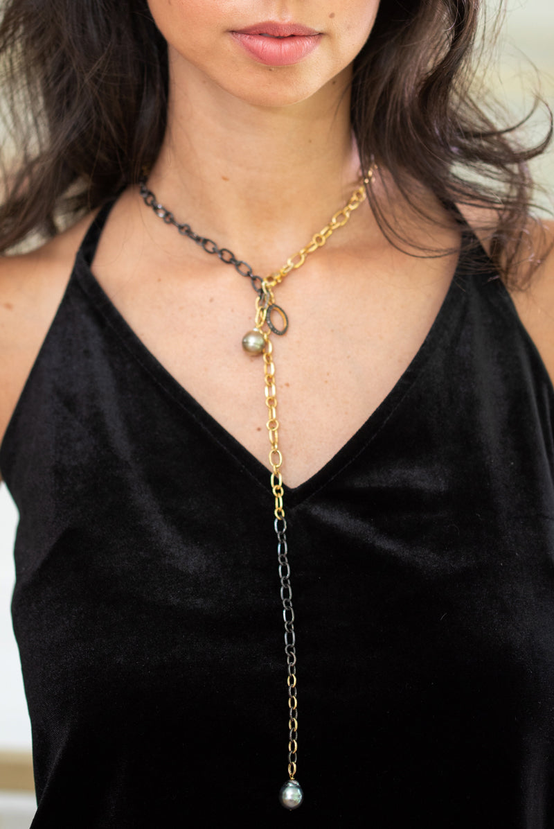Mixed Metal Lariat with Tahitian Pearls