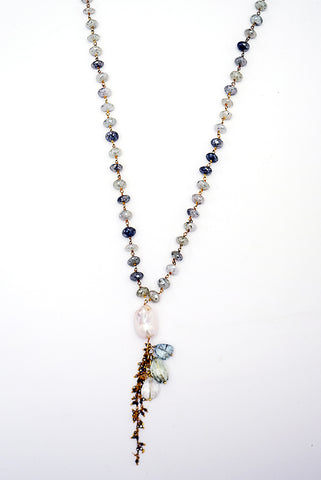 Fresh Water Pearl & Aquamarine Necklace with Tassel