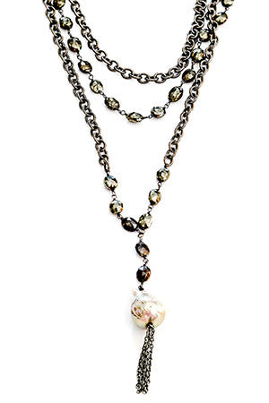 Double Chain with Pyrite, Baroque Pearl Closed Necklace