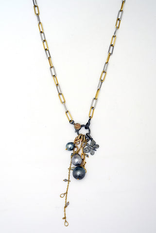 Mixed Metal Necklace with Tahitian Pearls & Butterfly Charm