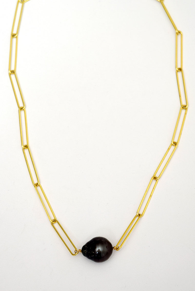 Paper Clip Chain Choker with Tahitian Pearl