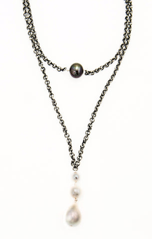 Double rhodium plated  chain with Fresh Water Pearl