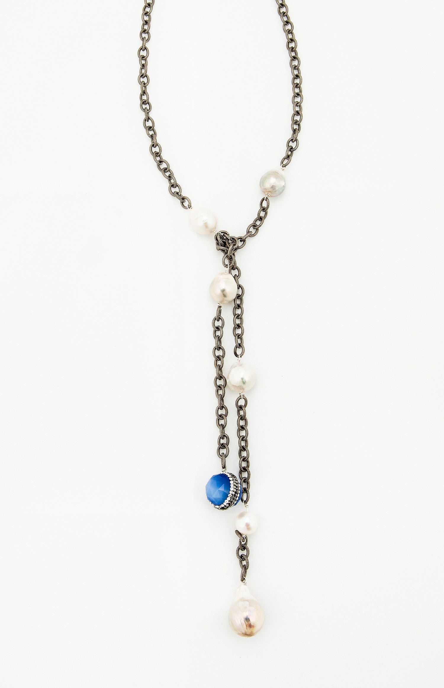 Rhodium Chain with White Baroque Pearls and Blue Agate