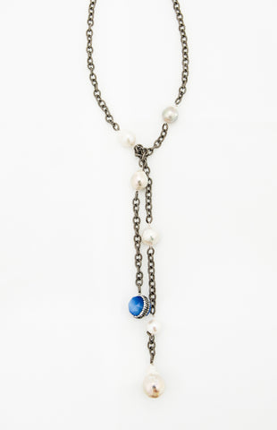 Rhodium Chain with White Baroque Pearls and Blue Agate