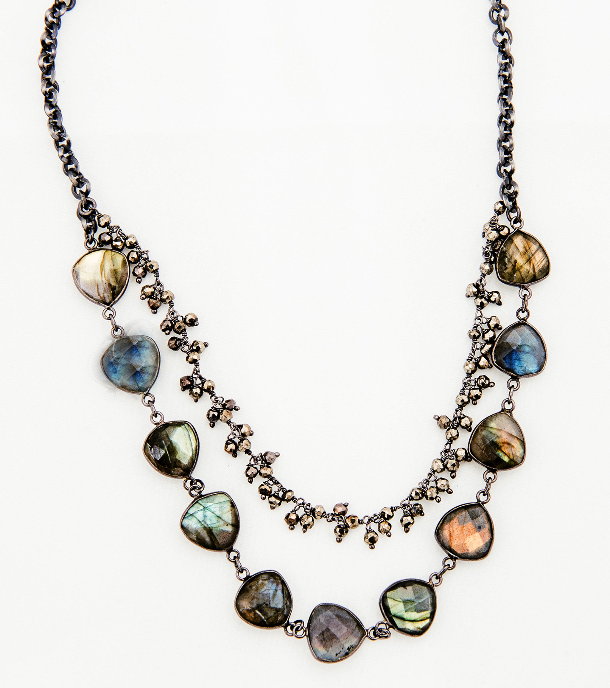 Short Labradorite  necklace with double Pyrite Chain