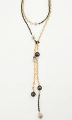 Mixed Metal Lariat with Black and White Fresh Water Pearls
